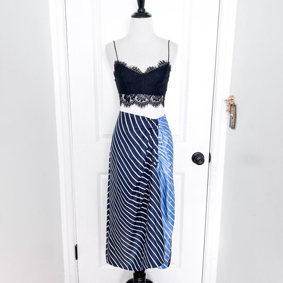 Tibi Delphina Blue and White Stripe Shirred Silk Midi Skirt - Picture 2 of 7